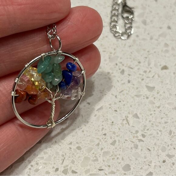 Crushed Stone Silver Color Tree Of Life Necklace - Picture 2 of 10